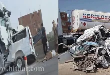 صورة من موقع حادث المنوفية اليوم الذي أسفر عن مصرع 18 فتاة بعد اصطدام ميكروباص بتريلا تسير عكس الاتجاه