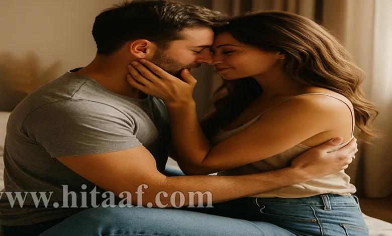 صورة تعبر عن دفء الحياة الزوجية بين زوجين شابين في لحظة رومانسية