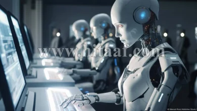 الذكاء الاصطناعي، روبوت ذكي يعمل بجوار إنسان داخل بيئة رقمية مستقبلية