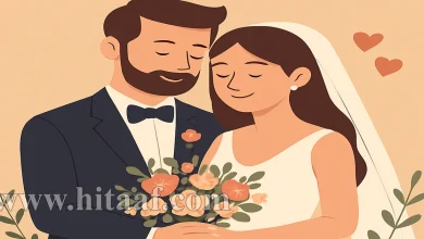 رسم توضيحي لعروسين يحتفلان بيوم الزواج ويبتسمان أثناء الإمساك بباقة زهور